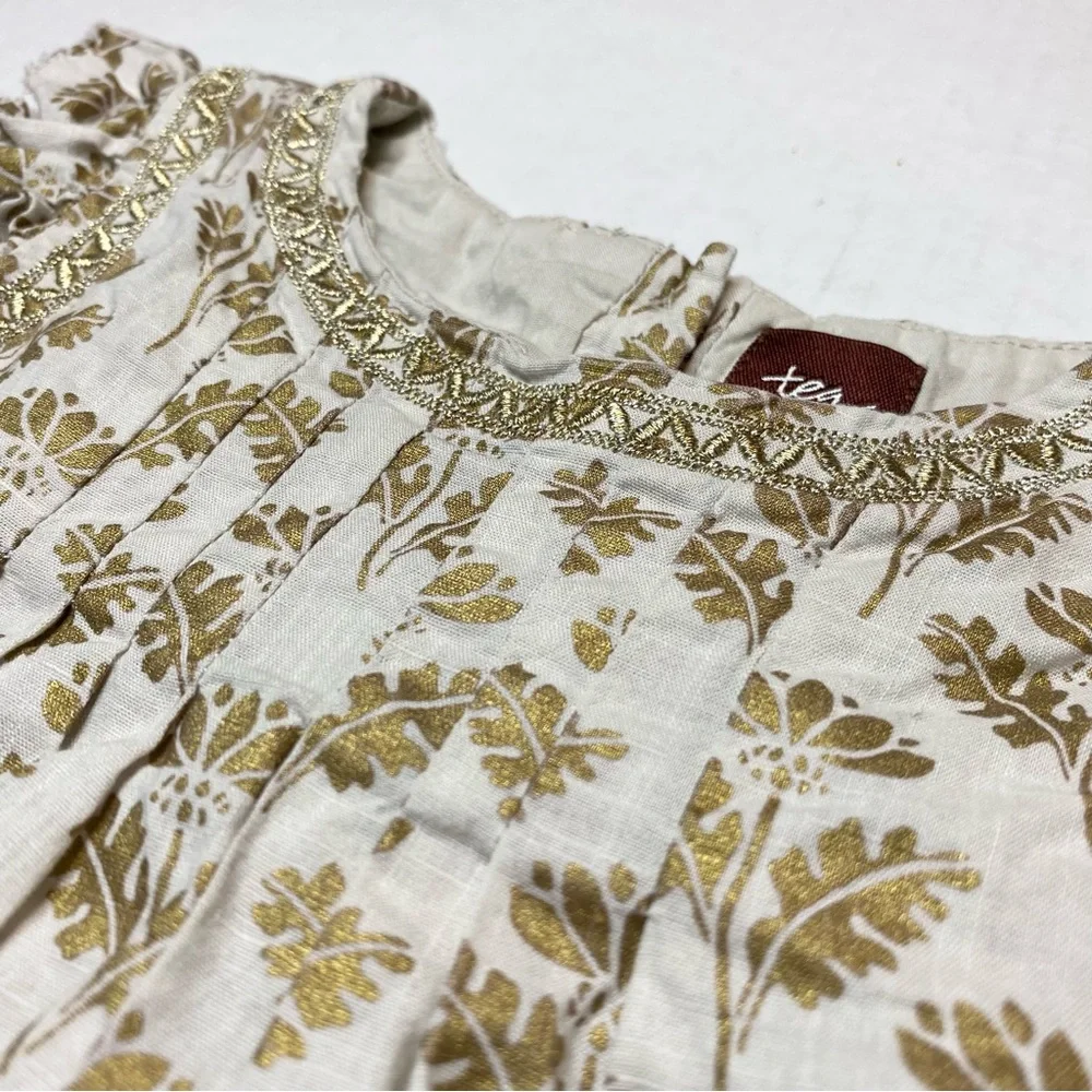 Tea Collection A World of Wonder Gold Leaf Print Flutter Sleeve Dress Sz 18-24M